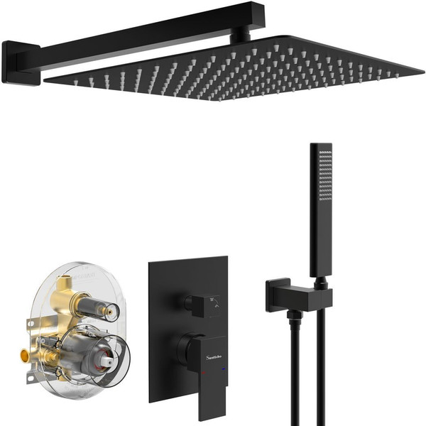 Male NPT Bathtub Shower Faucet Set, Waterfall Tub Faucet with 12-Inch Matte Black Rain Shower Head  T575-S0671434265
