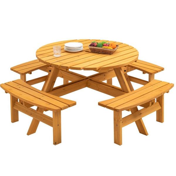 8-Person Outdoor Circular Wooden Picnic Table with 3 Built-in Benches for Patio Backyard Garden, Na T575-S0671272334
