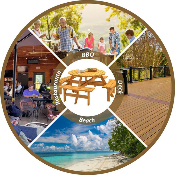 8-Person Outdoor Circular Wooden Picnic Table with 3 Built-in Benches for Patio Backyard Garden, Na T575-S0671272334