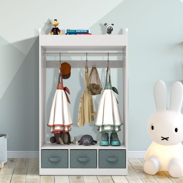 Kids Costume Organizer? Costume Rack?Kids Armoire?Open Hanging Armoire Closet with Mirror-WHITE T575-S0671435443