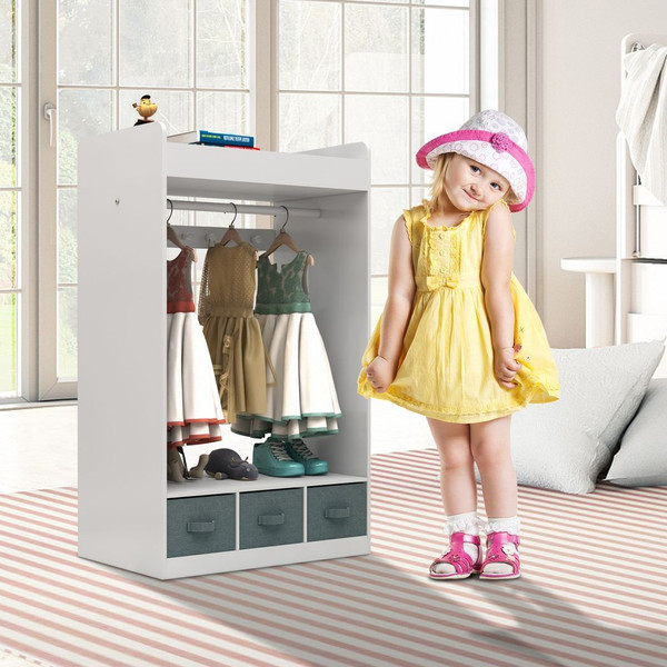 Kids Costume Organizer? Costume Rack?Kids Armoire?Open Hanging Armoire Closet with Mirror-WHITE T575-S0671435443