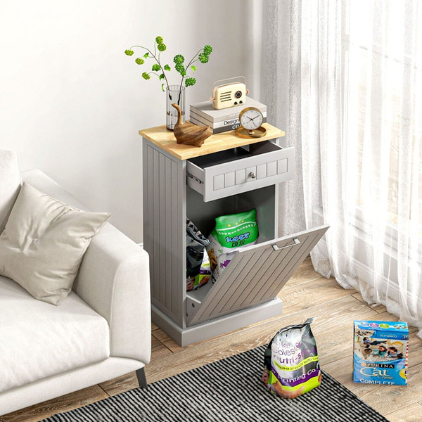 Kitchen Tilt Out Trash Bin Cabinet Free Standing Recycling Cabinet Trash Can Holder With Drawer, Gr T575-S0671266676