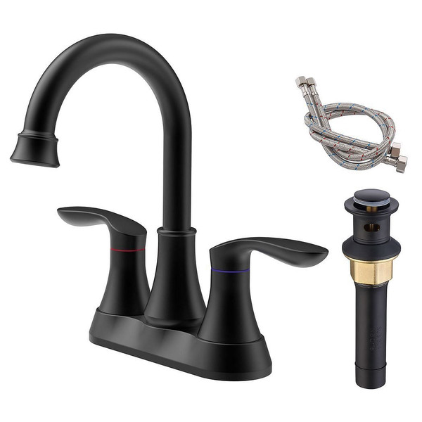 Bathroom Faucet Matt Black with Pop-up Drain & Supply Hoses 2-Handle 360 Degree High Arc Swivel Spo T575-S0671268796