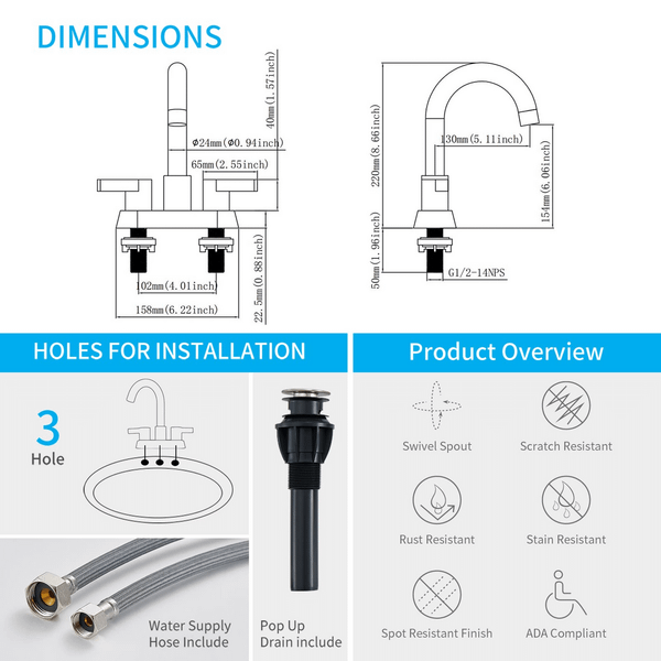 Bathroom Faucet 2 Handle Centerset Bathroom Sink Faucet with Pop Up Drain Assembly, 4 Inches Bathro T575-S0671276293