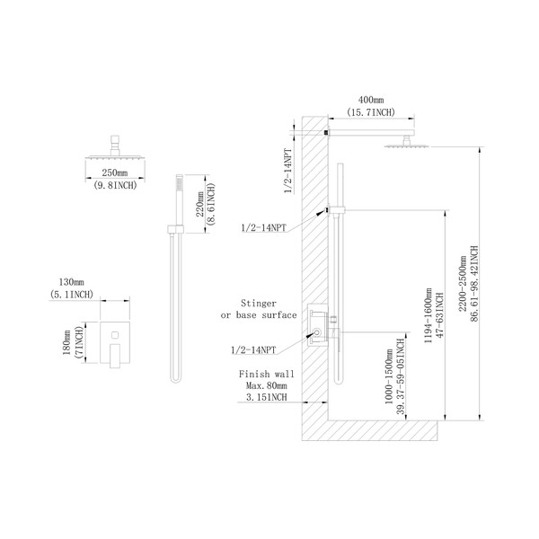 10 inch Shower Head Bathroom Luxury Rain Mixer Shower Complete Combo Set Wall Mounted T575-S0671296770