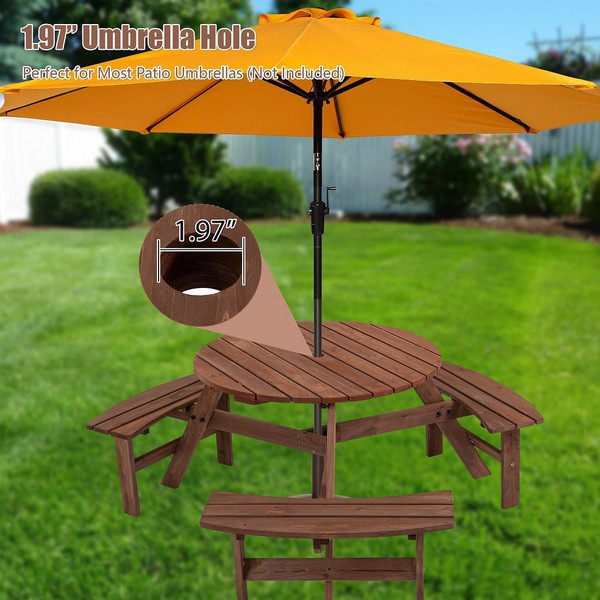 6-Person Outdoor Circular Wooden Picnic Table with 3 Built-in Benches for Patio Backyard Garden, Br T575-S0671289523