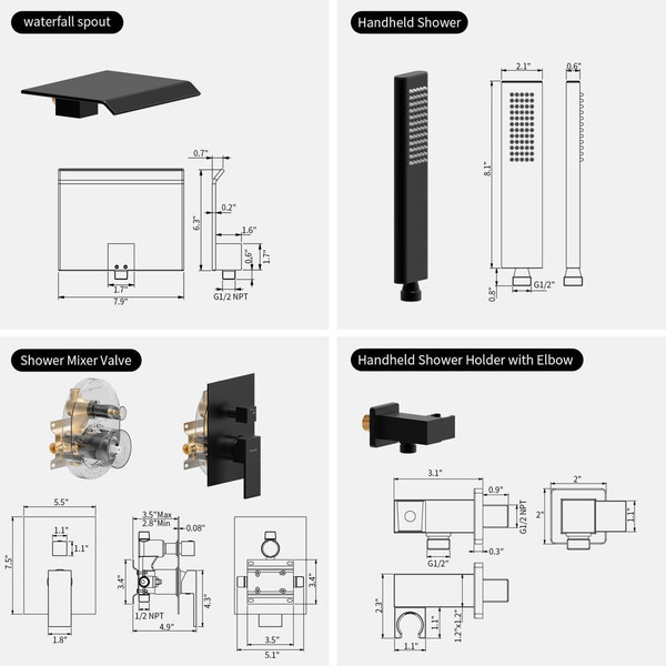 Male NPT Tub Faucet with Hand Shower, Matte Black Waterfall Bathtub Shower Faucet Set, Wall Mount T T575-S0671434162