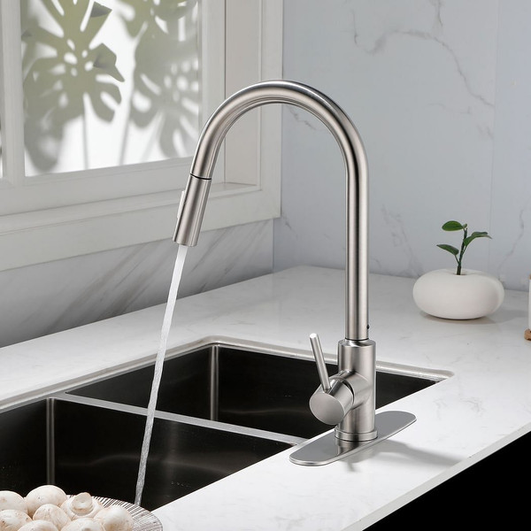 Single Handle High Arc Pull Out Kitchen Faucet,Single Level Stainless Steel Kitchen Sink Faucets wi T575-S0671272125