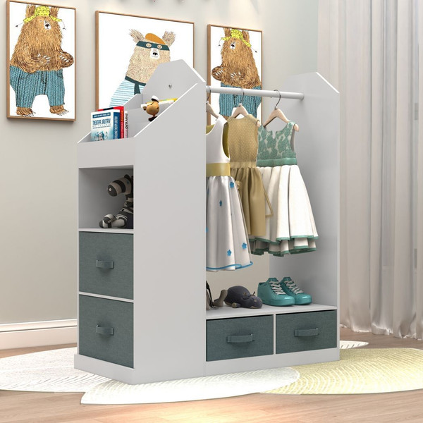 Kids Costume Organizer? Costume Rack?Kids Armoire?Open Hanging Armoire Closet with Mirror-WHITE T575-S0671435433