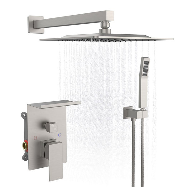 Rainfall Shower System With Storage Rack 10 inch Shower Faucet Set Brushed Nickel with High Pressur T575-S0671436713