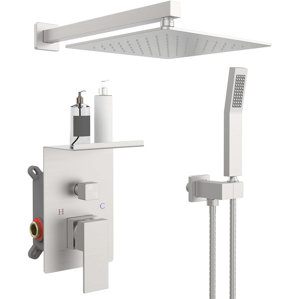 Rainfall Shower System With Storage Rack 10 inch Shower Faucet Set Brushed Nickel with High Pressur T575-S0671436713
