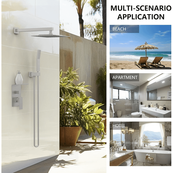 Rainfall Shower System With Storage Rack 10 inch Shower Faucet Set Brushed Nickel with High Pressur T575-S0671436713