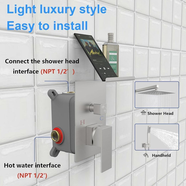 Rainfall Shower System With Storage Rack 10 inch Shower Faucet Set Brushed Nickel with High Pressur T575-S0671436713