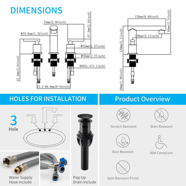 Matte Black Widespread Bathroom Faucet, Waterfall Bathroom Faucets for Sink 3 Hole, 2-Handles Moder T575-S0671365216