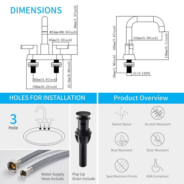 Bathroom Faucet 2 Handle 4 Inch Centerset Bathroom Sink Faucets 3 Hole with Pop Up Drain and Water  T575-S0671365161