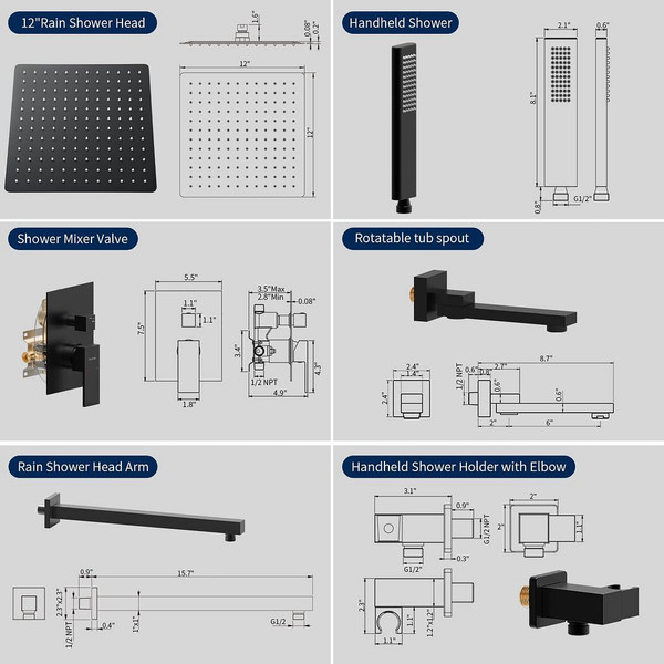 Male NPT Matte Black Shower System, 12 Inch Shower Fixtures Rain Shower Head with Handheld Shower S T575-S0671299710