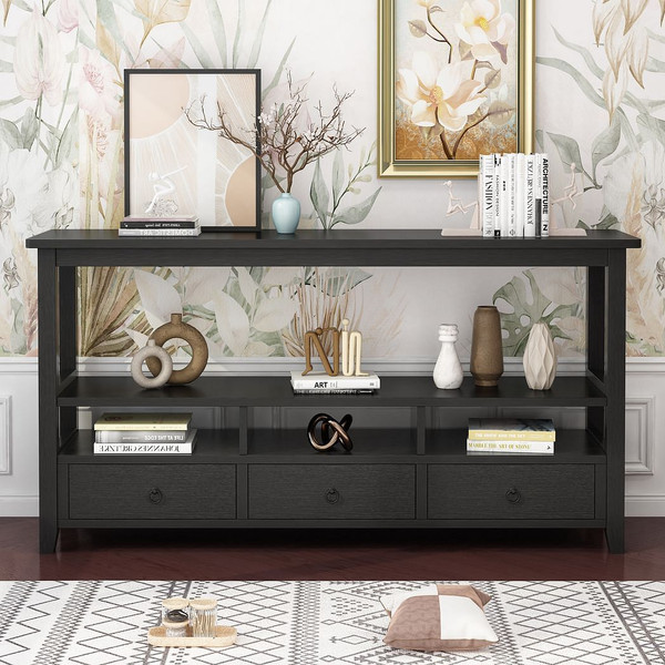 3 Tier Vintage Solid Console Table with 3 Drawers and Shelves, Industrial Console Table Coffee Tabl T575-S0671269869