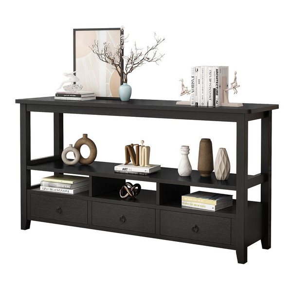 3 Tier Vintage Solid Console Table with 3 Drawers and Shelves, Industrial Console Table Coffee Tabl T575-S0671269869