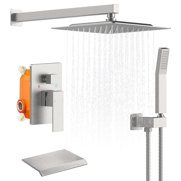 Rain Shower System Brushed Nickel Tub Shower Faucet Set 10 Inch Square Rainfall Shower Head with Ha T575-S0671274141