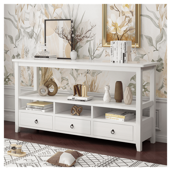 3 Tier Vintage Solid Console Table with 3 Drawers and Shelves, Industrial Console Table Coffee Tabl T575-S0671270962