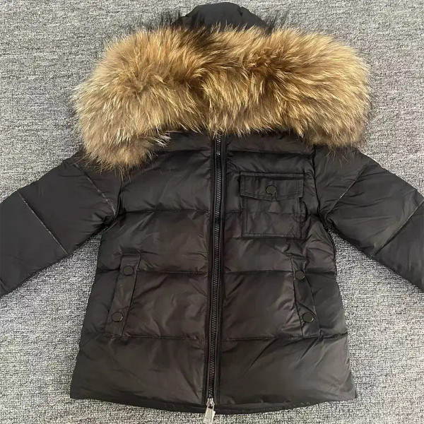 Color: Khaki, Kid Size: 4 - Kids Winter Down Jacket Shiny Real Raccoon Fur Collar Toddler Boys Hood F640-12000044428256878