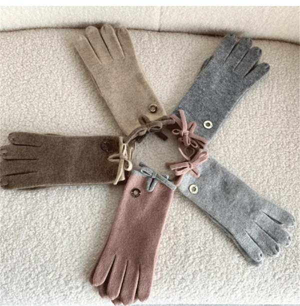 Women's Knitted Bow Gloves, 100% Cashmere, Warm Mittens, Outdoor, Winter F640-3256807945781256