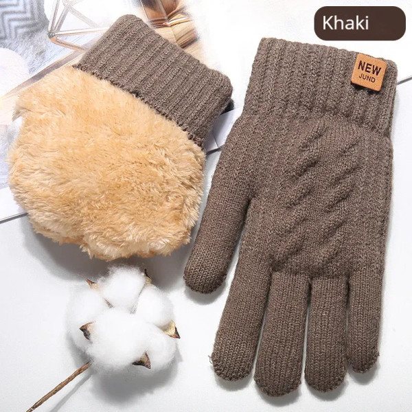 Color: khaki, Gloves Size: One Size - Wholesale Fleece Lined Fashion Warm Black Cable Knitted Winte F640-12000034621505352