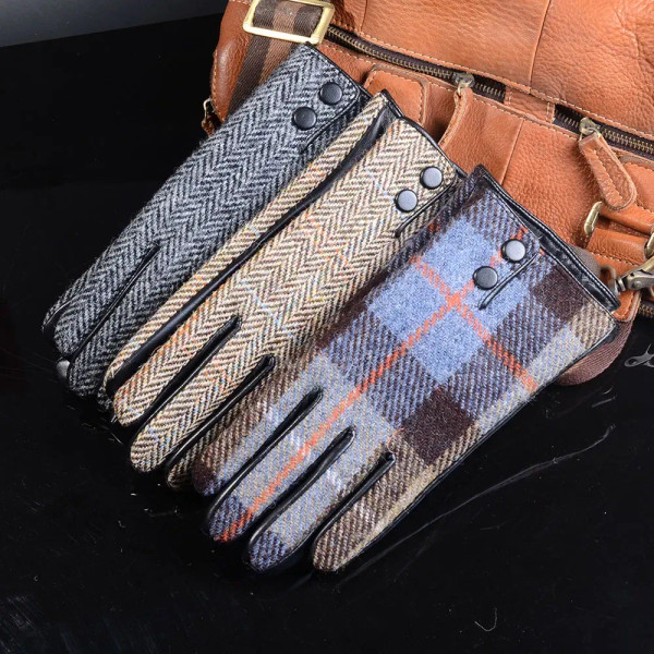 Color: GRAY, Gloves Size: M - New Men's Male Wool Tweed & Leather Winter Warm Thicker Lining fashio F640-12000043125053883