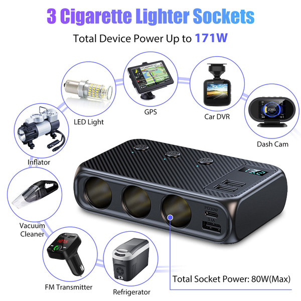 Cigarette Lighter Plug Splitter 171W 12V/24V 1 QC 3.0+2 PD+3 USB Ports USB Charger Extension Cord M K484-PAU_0L3HDQY3