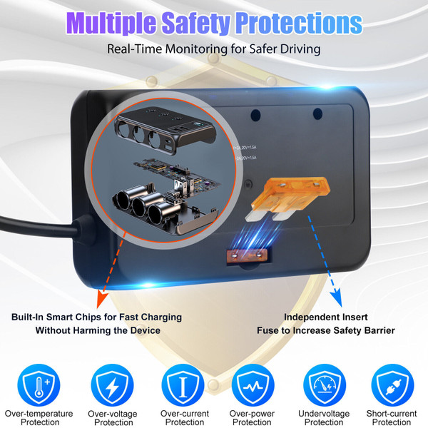 Cigarette Lighter Plug Splitter 171W 12V/24V 1 QC 3.0+2 PD+3 USB Ports USB Charger Extension Cord M K484-PAU_0L3HDQY3