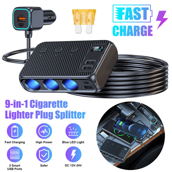 Cigarette Lighter Plug Splitter 171W 12V/24V 1 QC 3.0+2 PD+3 USB Ports USB Charger Extension Cord M K484-PAU_0L3HDQY3