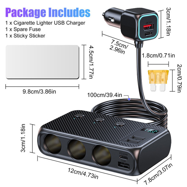 Cigarette Lighter Plug Splitter 171W 12V/24V 1 QC 3.0+2 PD+3 USB Ports USB Charger Extension Cord M K484-PAU_0L3HDQY3