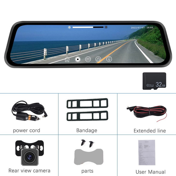 9.66 Inch Mirror Dash Cam Front Rear 1080P Camera IPS Touch Screen 150° Wide View Split Screen Driv K484-PAU_0KK0SDMG