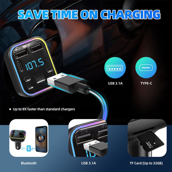 Led Backlight Bluetooth Fm Transmitter Dual Usb Type C Fast Charger Black K484-PEL_0NP0GNTH