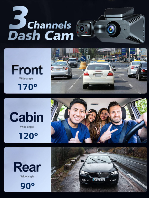 Dash Camera Front and Rear View Car Camera Monitor System Dash Camera Night Vision 3 Channel 2K Das K484-FQZAU_R50W8ZAS