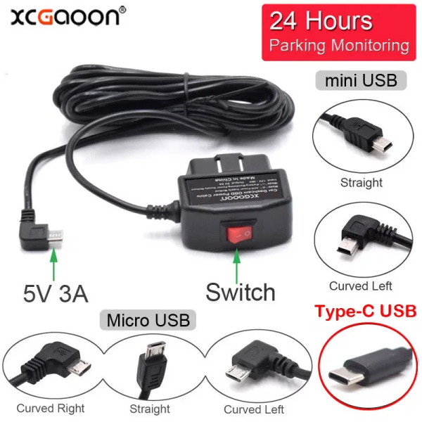 Color Name: Orange - 24Hours Mini Mico USB Ports 5V 3A Car Charge Cable OBD Hardwire Cord 3.5Meters F640-12000023962400348
