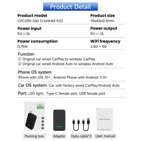 Color: black, Ships From: CHINA - Carlinkit 5.0 2air CarPlay Android Auto Wired to Wireless Adapter F640-12000041180319468