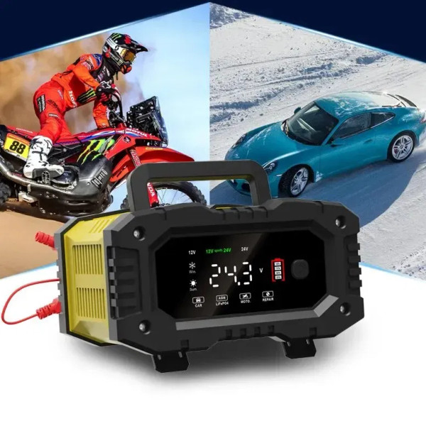 Color: Yellow - FOXSUR 20A/10A Car Motorcycle Battery Charger 12V/24V Smart Charger Lithium AGM GEL F640-12000038713474993