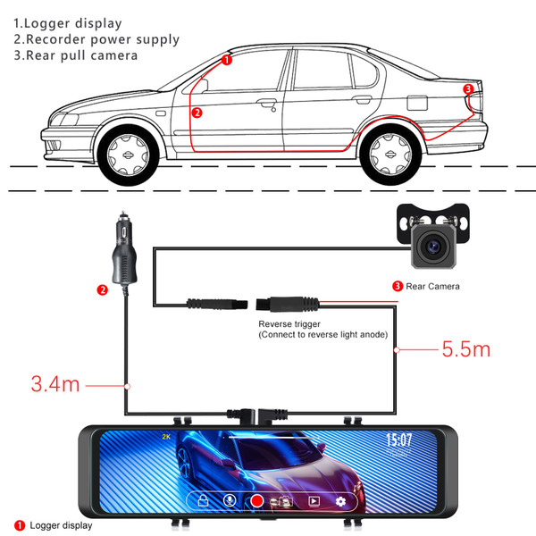 10.88 Inch 2k Mirror Dash Cam Backup Camera Front Rear Dual Cameras HD Touch Screen Wifi Driving Re K484-PAU_0KM3R5PB