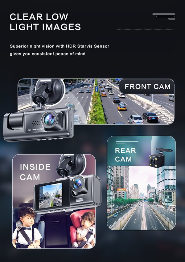1080P 3 Lens Car Dash Cam Camera Recorder 2.0 Inch IPS Screen 170° Wide Angle Loop Recording C309a K484-FQZAU_63PQWXC7