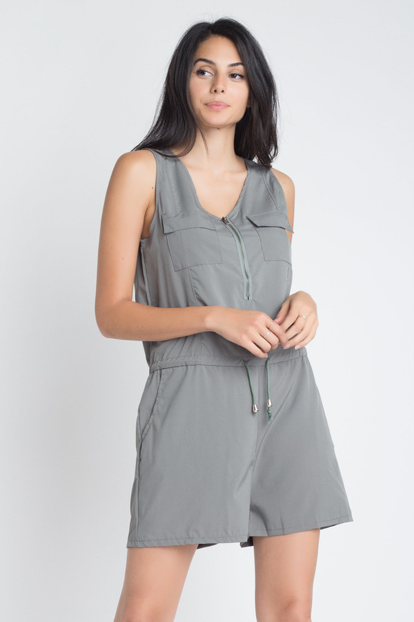 Women's Zip Front Sleeveless Romper T396-EA834516-OLV-SM