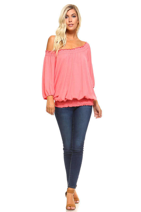 Women's 3/4 Three Quarter Sleeve Peasant Top with Elastic Neckline T396-DF122-M-BK-S