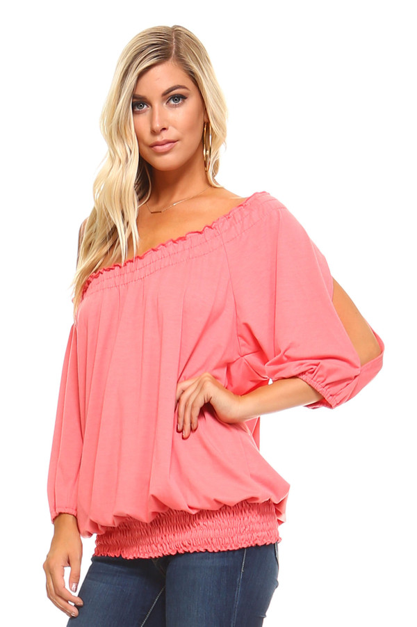 Women's 3/4 Three Quarter Sleeve Peasant Top with Elastic Neckline T396-DF122-M-BK-S