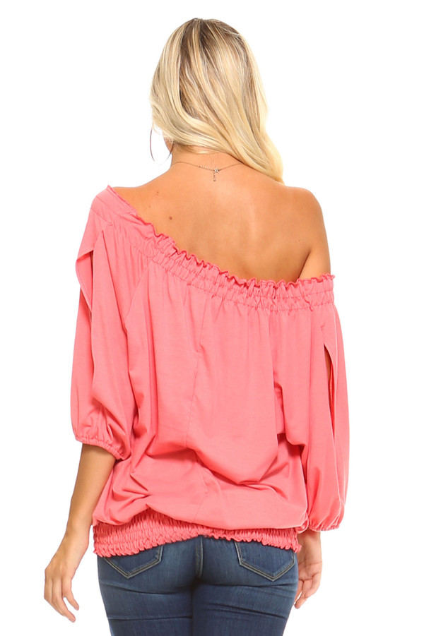 Women's 3/4 Three Quarter Sleeve Peasant Top with Elastic Neckline T396-DF122-M-BK-S