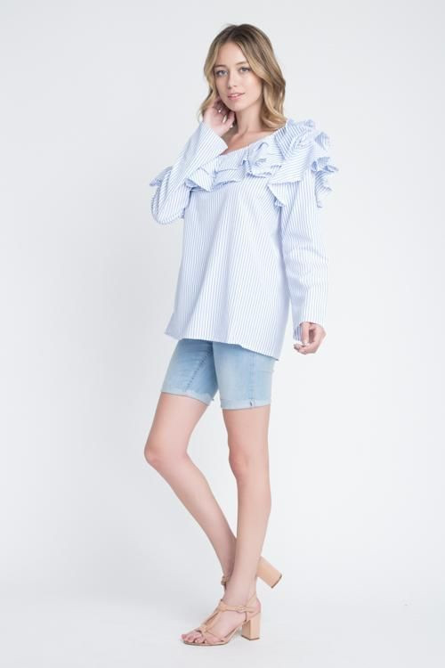 Women's One Shoulder Stripe Ruffle Top T396-CFG031520-WHT-S