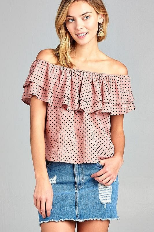 Women's Double Ruffle Off Shoulder Polka Dot Top T396-MM3197-WHT-S