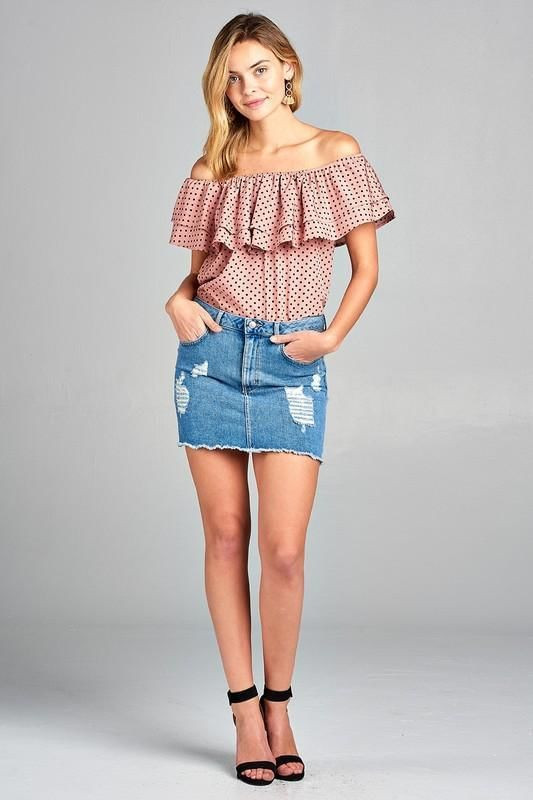 Women's Double Ruffle Off Shoulder Polka Dot Top T396-MM3197-WHT-S