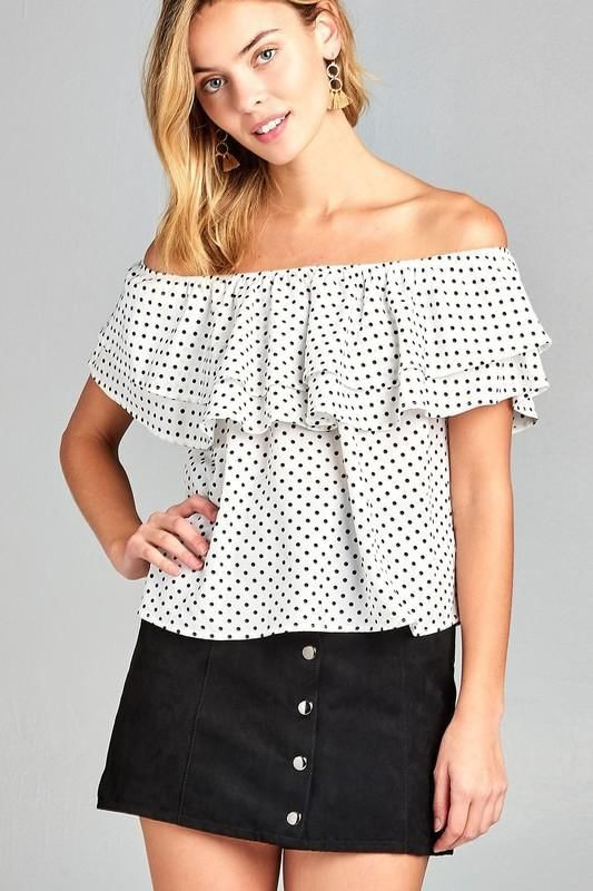 Women's Double Ruffle Off Shoulder Polka Dot Top T396-MM3197-WHT-S
