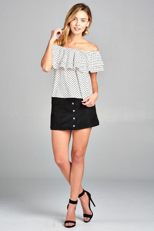 Women's Double Ruffle Off Shoulder Polka Dot Top T396-MM3197-WHT-S