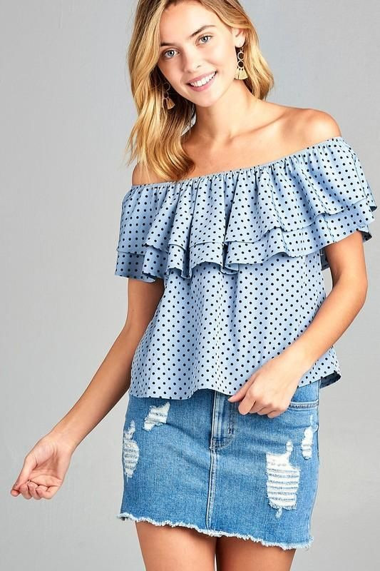 Women's Double Ruffle Off Shoulder Polka Dot Top T396-MM3197-WHT-S